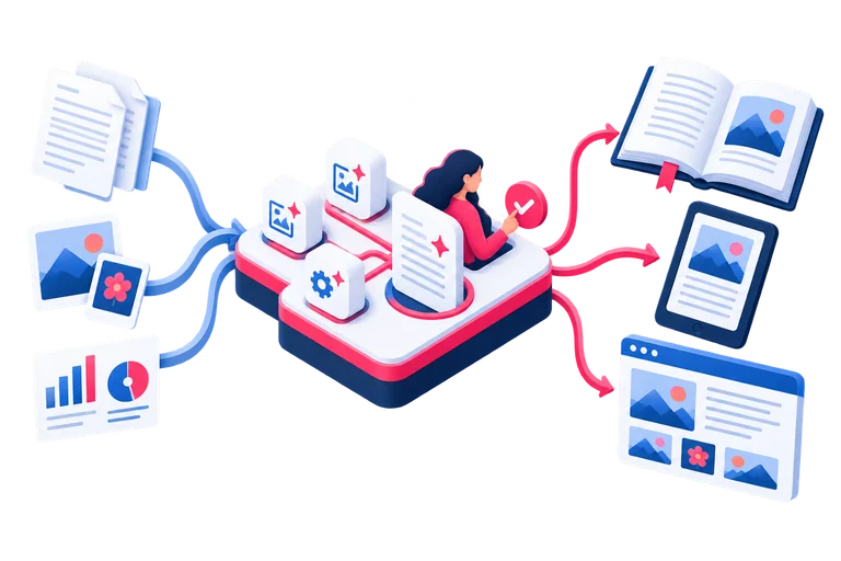 Illustration: content moves through an orchestrated workflow with human approval to become print and digital products.